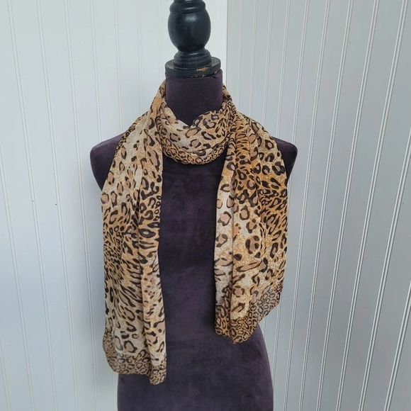 Ladies Sheer Scarf Leopard Cheetah Print Brown Beige Tan - 20" x 60" - Picture 1 of 7